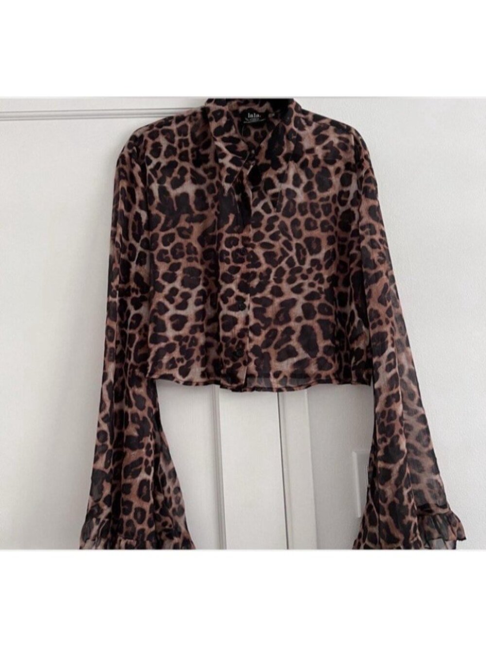 lala Sheer Leopard Print Chiffon Bell Sleeve Ruffle Blouse, S - Picture 2 of 3